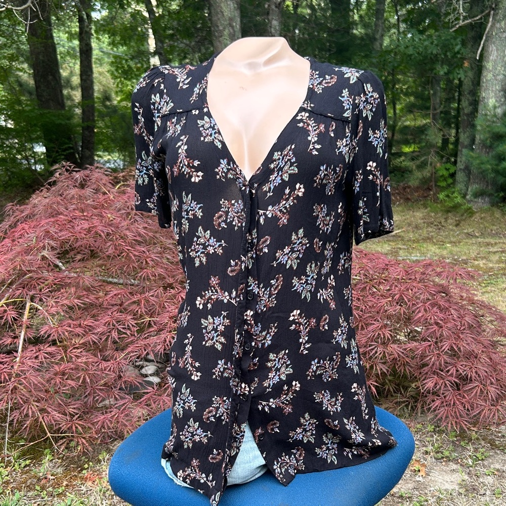FatFace Black Floral Button-Front Blouse